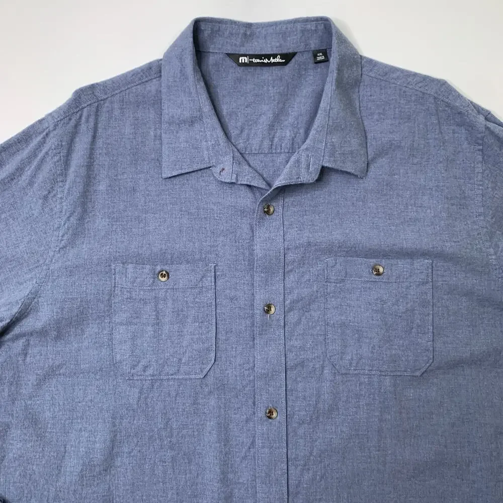 Travis Mathew Shirt Mens 2XL Blue Gray Cloud Flannel Button Up Lighweight Pocket
